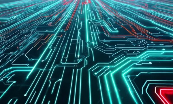 A massive circuit board stretches infinitely, glowing with neon red, green, and blue pathways. Electric pulses surge through the lines, creating a living, cybernetic world