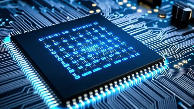 Circuit Board Close-up: a hyper realistic shot of a computer chip, showcasing intricate circuitry and technological advancement, with a focus on the interplay of light and shadow.