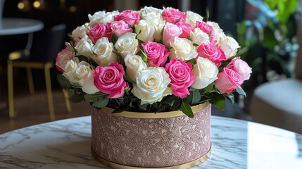 Beautiful arrangement of pink and white roses in an elegant round box on a marble table in a stylish setting