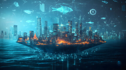 Obraz premium A holographic AI world where vast digital oceans are surrounded by virtual islands, with glowing fish and intricate underwater cities.