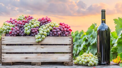 Fototapeta premium Bountiful Harvest of Grapes in a Wooden Crate with a Bottle of Wine at Sunset in a Vineyard