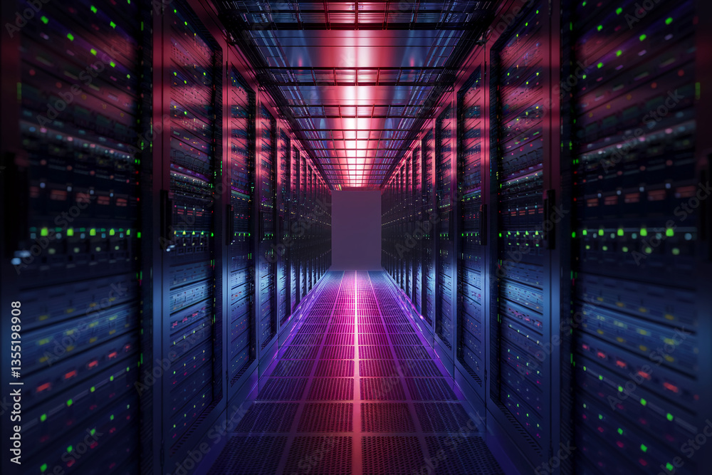 Poster neon-lit server room corridor, showcasing rows of data storage units, symbolizing technological adva