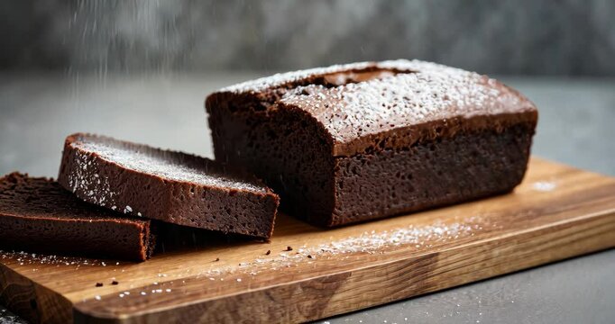 A close-up shot of two indulgent brownies placed on a wooden cutting board. The brownie features a rich, chocolatey consistency and is sprinkled with powdered sugar for added sweetness. An