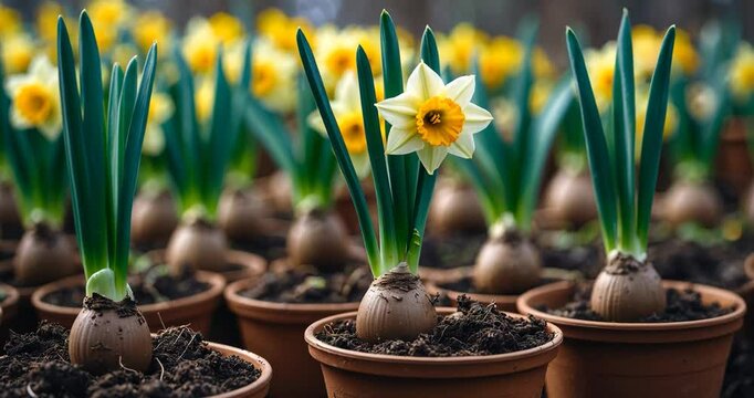 A close-up view of potted daffodil bulbs showing fresh green shoots sprouting from the soil. The image emphasizes the initial phases of plant growth, representing renewal.