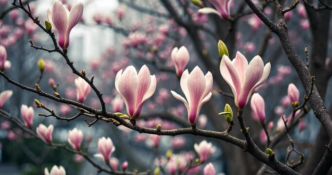 Branch of Magnolia tree featuring flowers that emit their sweet floral lemony fragrance. The lush scent wafts through the warmth, captivating towns.