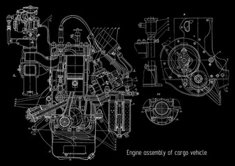 Engine assembly of cargo vehicle.
Engineering mechanical drawing of automotive
device. Industrial cad scheme on paper sheet. 
Technology design of machine building industry. 
Machined template.