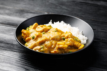Chinese Chicken Curry with rice. Chinese take away food