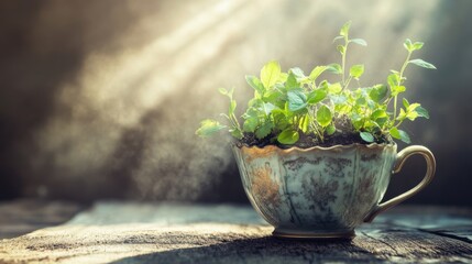 Fresh Green Herbs Growing in Vintage Teacup with Soft Light and Misty Background