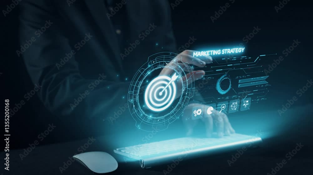 Poster a modern workspace featuring a person hands on a keyboard with a glowing interface, showcasing data 