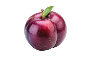 A single ripe red plum with a green leaf isolated on white background fresh juicy fruit delicious healthy eating