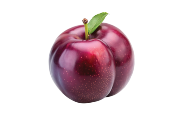 A single ripe red plum with a green leaf isolated on white background fresh juicy fruit delicious healthy eating