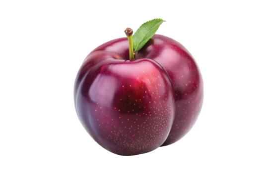 A single ripe red plum with a green leaf isolated on white background fresh juicy fruit delicious healthy eating