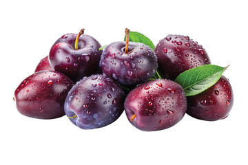 A Group of Fresh Juicy Plums with Water Droplets and Green Leaves