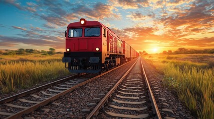 Fototapeta premium Sunset train travels along rural tracks with cargo under colorful sky