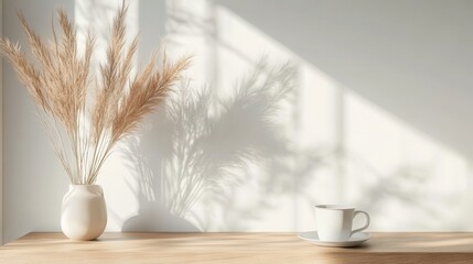 Pampas Grass with Coffee, and and Window Shadows A Cozy Morning.