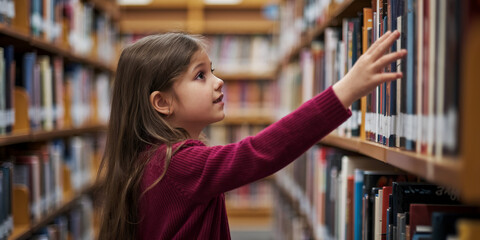 Girl reaching for book on shelf in library, showcasing child's curiosity and love for reading, representing education and knowledge
