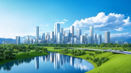 Naklejka premium Lush green landscape with a serene river reflecting a modern city skyline under a clear blue sky