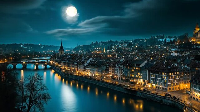 Bern at Night: Scenic View of the Old City Illuminated by a Full Moon