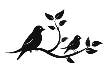 Fototapeta premium Black Birds Silhouette on Branch With Leaves, Wildlife, Simple Design