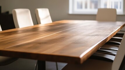 Elegant wooden table in a modern dining area with soft lighting and empty chairs