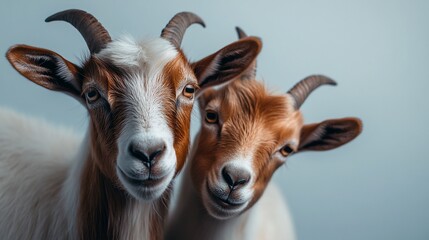 Close-Up Portrait of Two Curious Goats with Soft Lighting and Detailed Texture