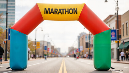 Marathon archway against a city street backdrop  