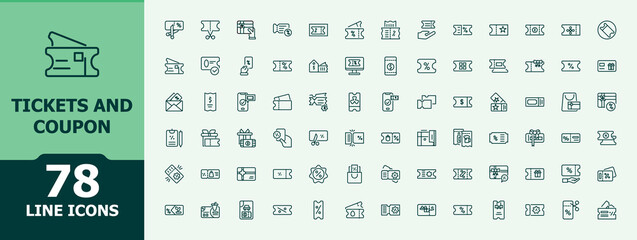 Tickets And Coupon icon pack. Includes thin line symbols card, ticket, voucher, event, gift, coupon, off and more. Minimalist linear icons. Coupons line icon. Editable vector.