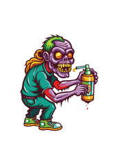 A decaying zombie street artist, clad in tattered clothes, skillfully spray-paints a vibrant mural on a grimy city wall.  The artwork depicts a post-apocalyptic scene.