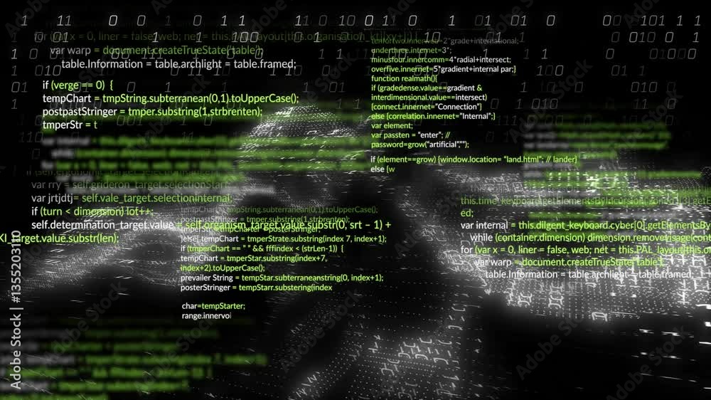 Poster animation of green text and binary code overlaying abstract digital landscape