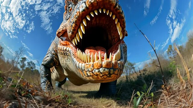 Ancient creature: video showcasing dinosaur, capturing essence of prehistoric life, majestic movements, fascinating world of extinct species in vivid, dynamic detail.