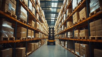 Busy warehouse with stacked boxes and a forklift navigating through aisles during the day