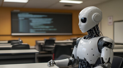 A humanoid robot integrated with AI teaching advanced computer programming in a virtual classroom.