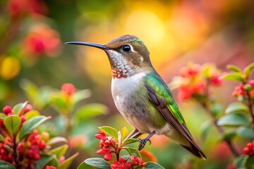 Fototapeta premium A hummingbird surrounded by minimalist leaves and flowers.