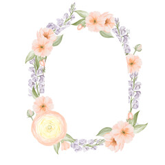 Spring Floral Frame, arch shaped, Border from Ranunculus and Peach or Cherry, Sakura flowers, Freesia branches. Watercolor hand painted botanical illustration isolated on a white background. Botanical