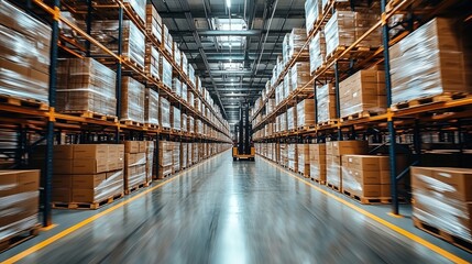 Warehouse filled with stacked boxes and a forklift navigating the aisles in a large distribution center during daylight hours