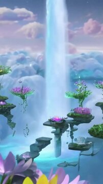 vertical 9:16 A serene floating garden filled with glowing flowers of every color drifts peacefully above the clouds. A crystal-clear waterfall spills into the sky, disappearing into the mist below