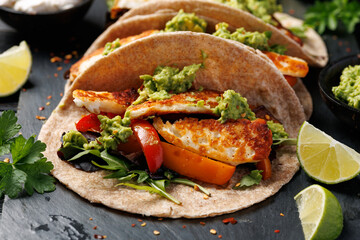 Fried halloumi fajitas with pan roasted onions and bell peppers, avocado guacamole and pickled jalapeno peppers