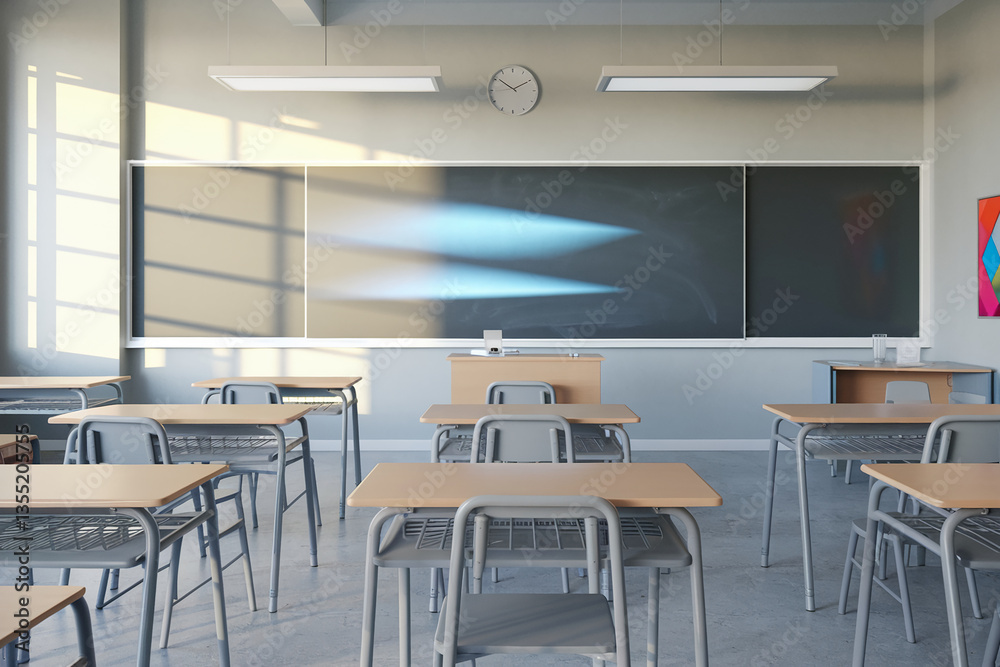 Poster empty classroom with desks and chairs, blackboard, sunlight streaming through window, showcasing edu