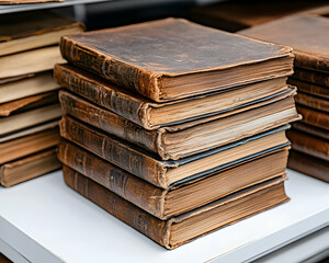 Stacked antique leather-bound books on a white shelf