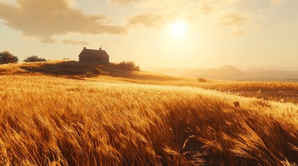 Fototapeta premium Golden Wheat Field Sunset Landscape Rural House Idyllic Peaceful Serene Tranquil Nature Scenery Beautiful Calm Summer Day Farmhouse Countryside View 