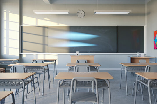 Empty classroom with desks and chairs, blackboard, sunlight streaming through window, showcasing educational space, ideal for back to school or learning concepts