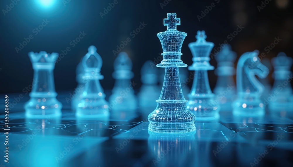 Poster futuristic chess pieces on digital board. strategy game concept with king and rook in focus. tech, b