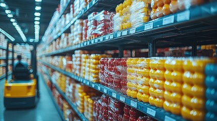 Naklejka premium Warehouse worker organizing shelves with colorful jars during afternoon shift in a busy distribution center