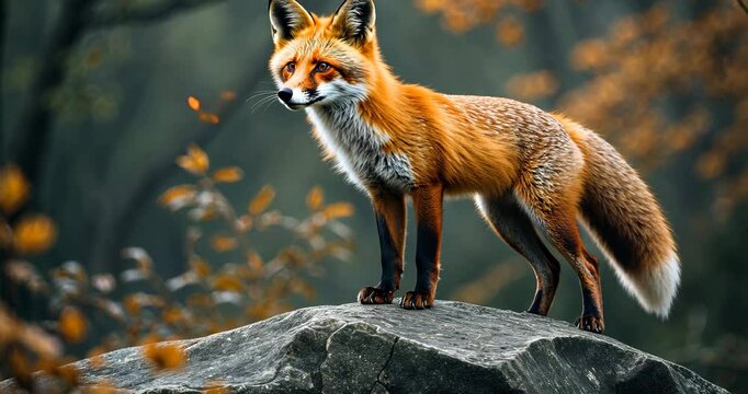 A young red fox with a bushy tail perched on a rock during autumn.