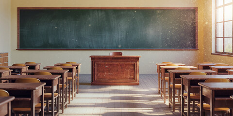 Empty classroom with wooden desks, chairs, teacher's desk, and a large blackboard, bathed in sunlight, suggesting education, learning, or nostalgia