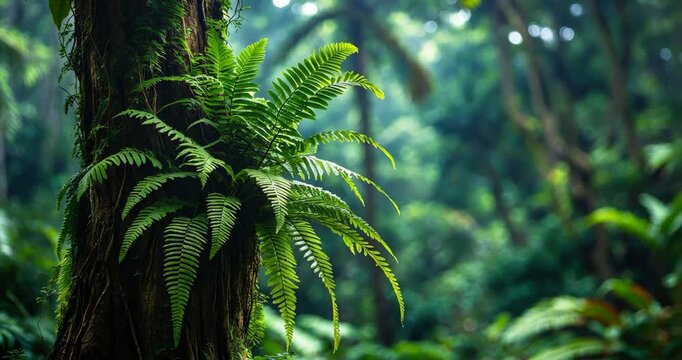 Epiphyte tropical fern Asplenium nidus growing on tree trunk