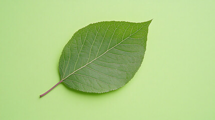 Obraz premium Single green leaf on light green background.