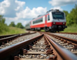 Fototapeta premium Railway switch with blurred train in motion. Red, white train on railroad tracks leading to station. Transport infrastructure, rail transport system on sunny day.
