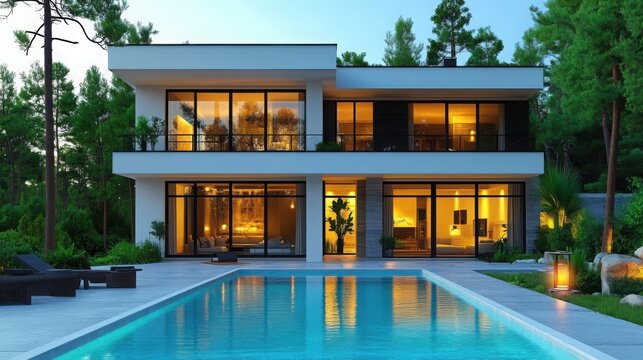 Square house with clean, sharp lines, featuring large rectangular windows and a small front door. The minimalist design is highlighted against the white background