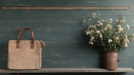Rustic, neutral-toned handbag and flowers on shelf against teal wood